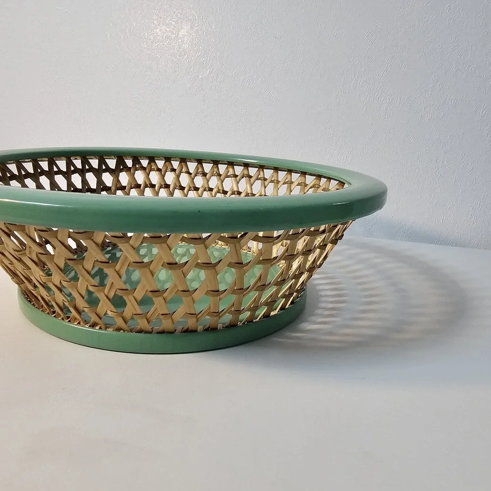 Vintage Wicker Bread Basket Tin Rim Bottom Stamped Germany Rattan 9